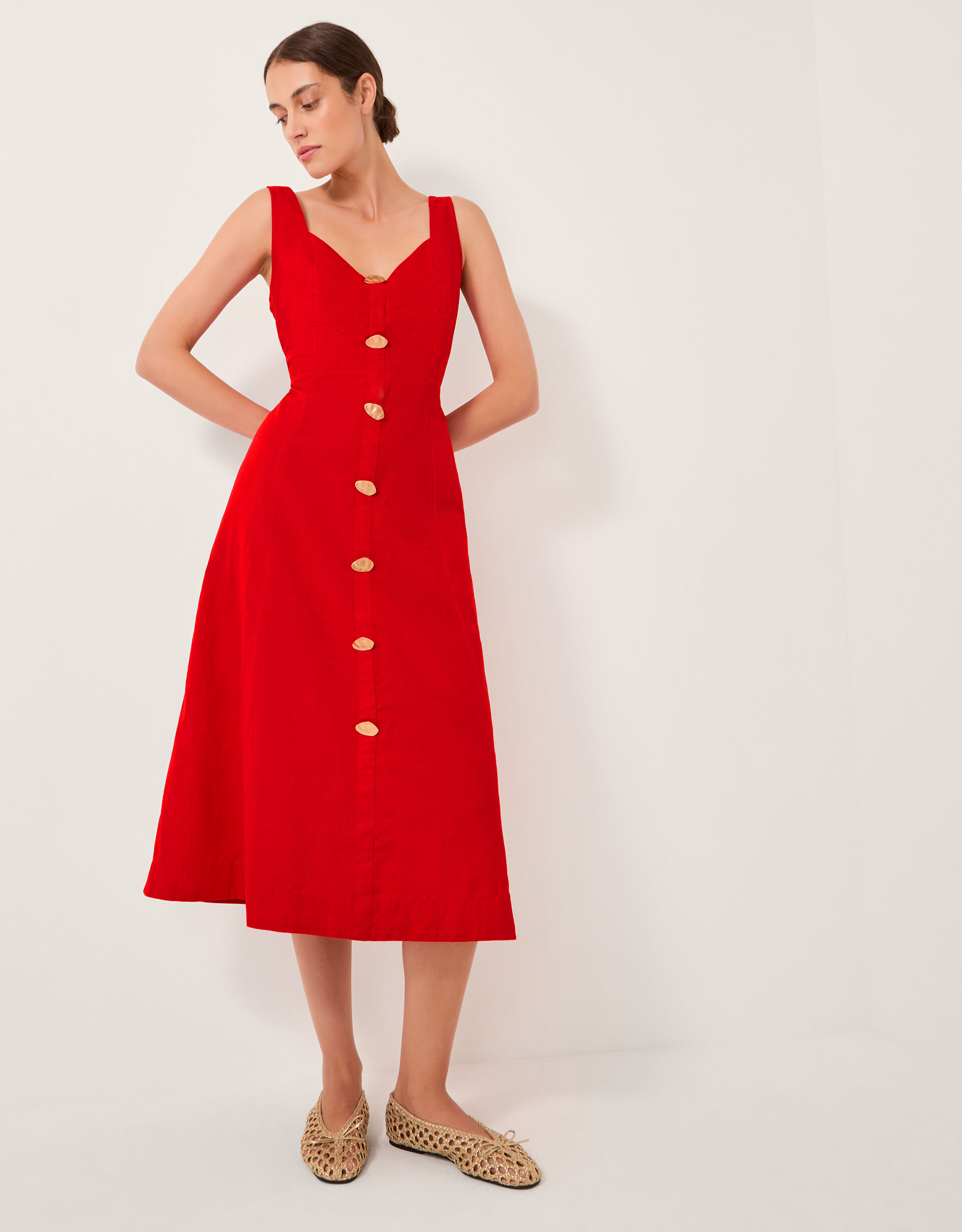 Nell Linen Blend Sleeveless Midi Dress Red