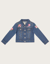 Flower Embroidered Denim Jacket, Blue (BLUE), large