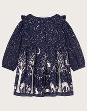 Baby Foil Print Nighttime Scene Dress, Blue (NAVY), large
