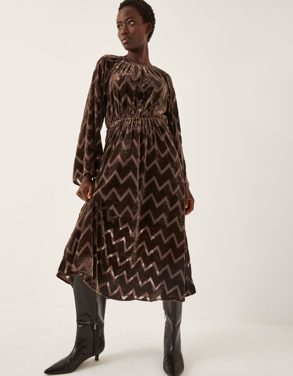 Keisha Geometric Velvet Midi Dress, Brown (CHOCOLATE), large