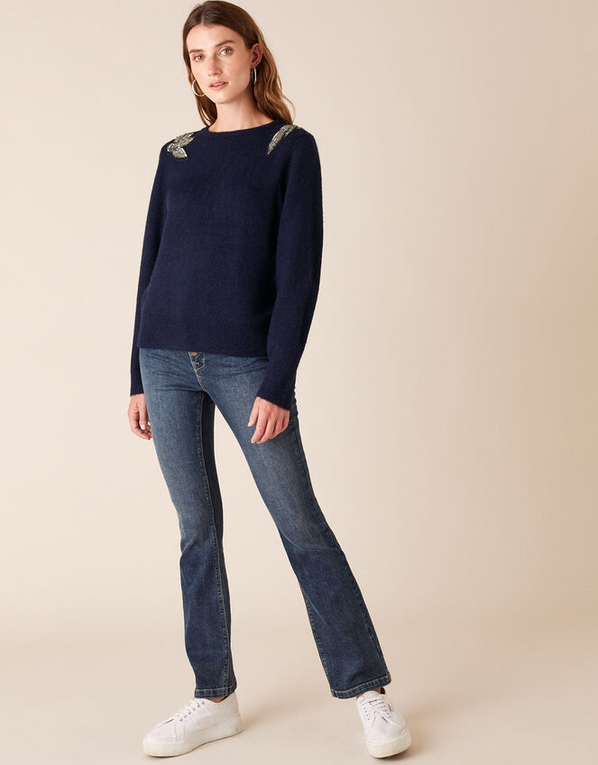 Beaded Shoulder Knit Jumper, Blue (NAVY), large
