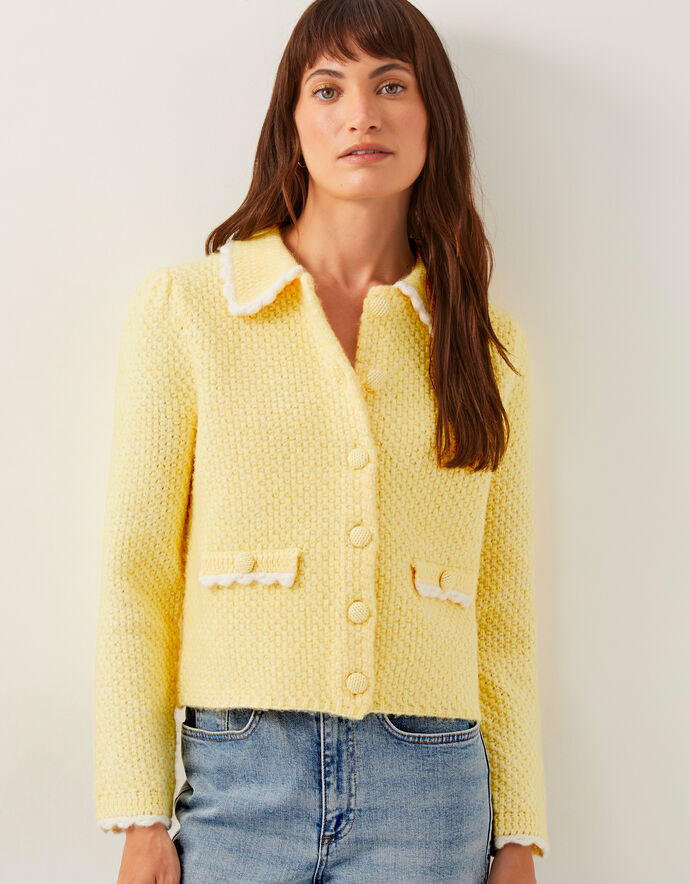 Yellow Long Sleeve Knit Cardigan With Scalloped Edges