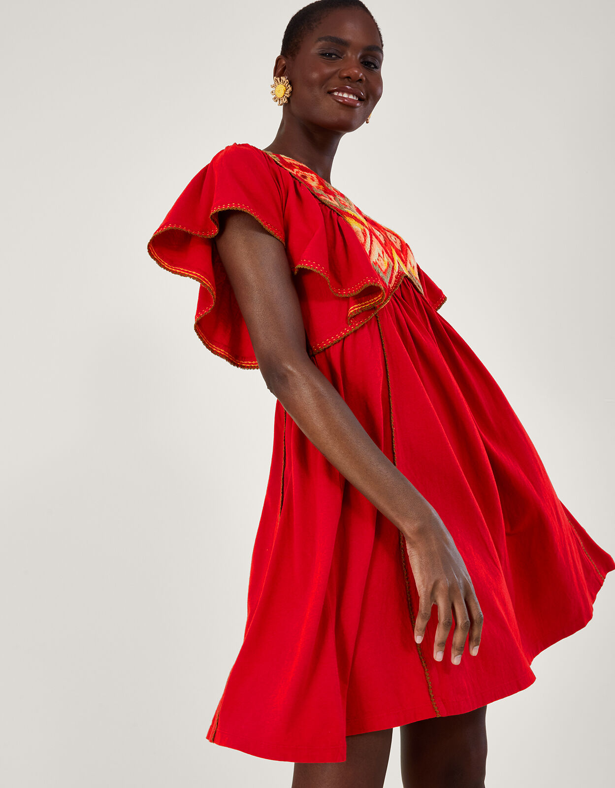 Embroidered Ruffle Sleeve Jersey Dress Red