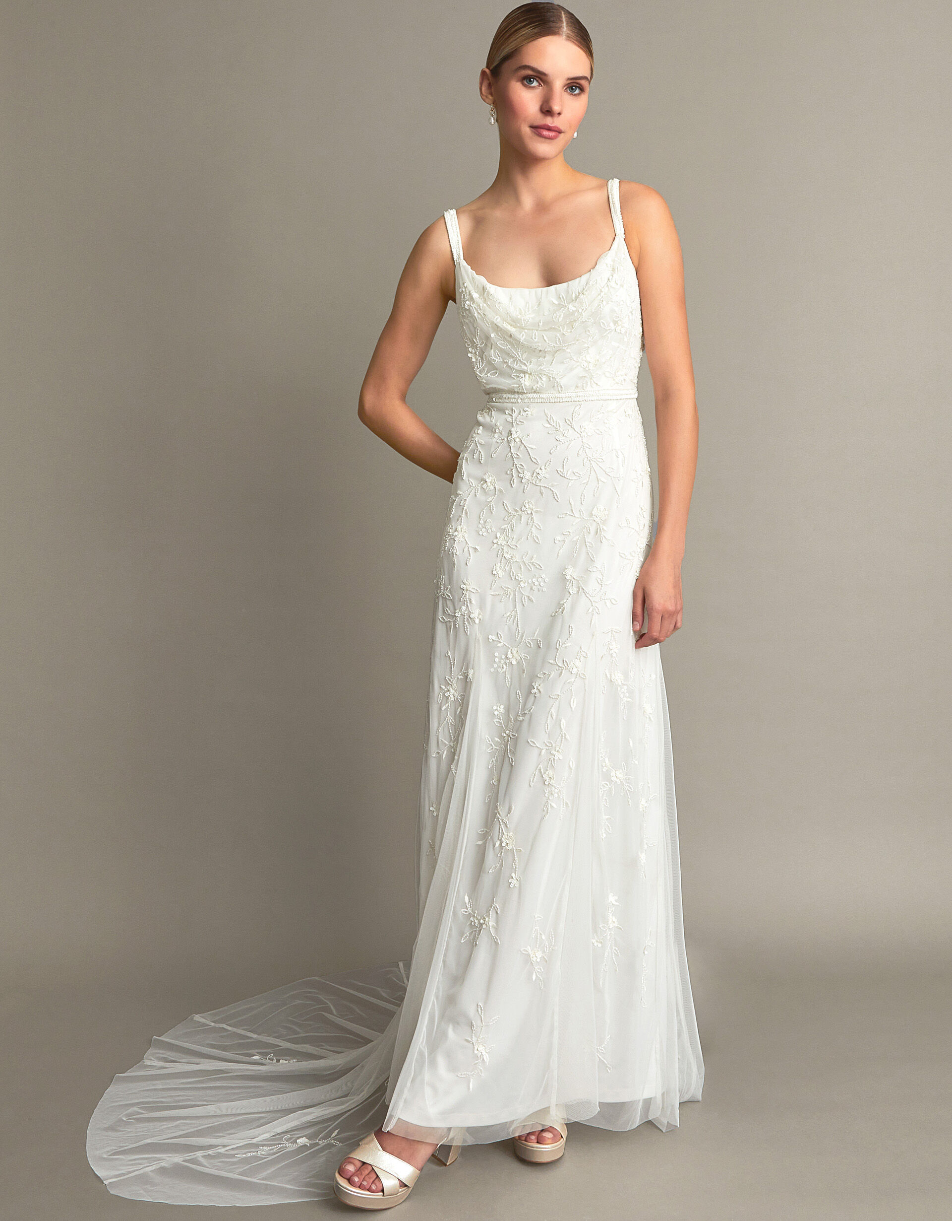 Cowl Back Ivory Beaded Cocktail Dress