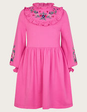 Embroidered Ruffle Sweater Dress, Pink (PINK), large
