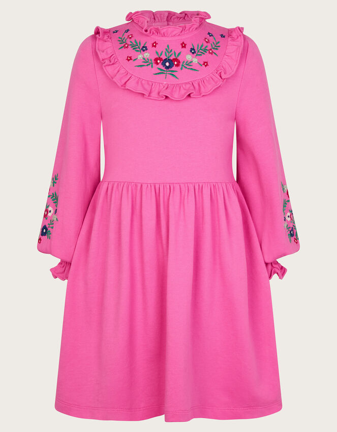 Embroidered Ruffle Sweater Dress, Pink (PINK), large