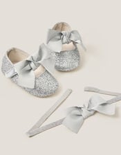Baby Bow Glitter Headband & Booties Set, Silver (SILVER), large