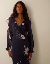 Rowena V-Neck Ruffle Floral Print Maxi Dress, Blue (NAVY), large
