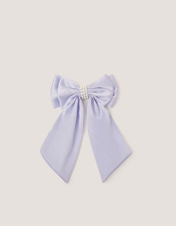 Long Pearl Satin Bow Hair Clip, Blue (PALE BLUE), large