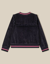 Embroidered Collar Velour Bomber Jacket, Blue (NAVY), large