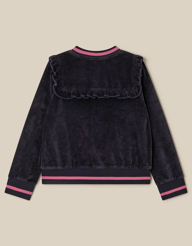 Embroidered Collar Velour Bomber Jacket, Blue (NAVY), large