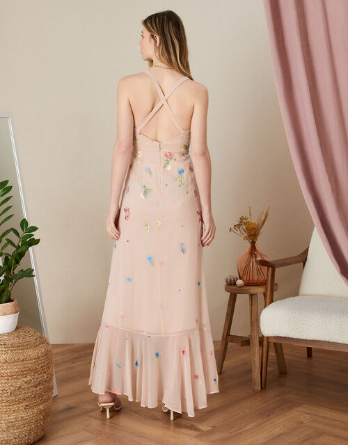 Abigail Embroidered Frill Maxi Dress, Nude (NUDE), large