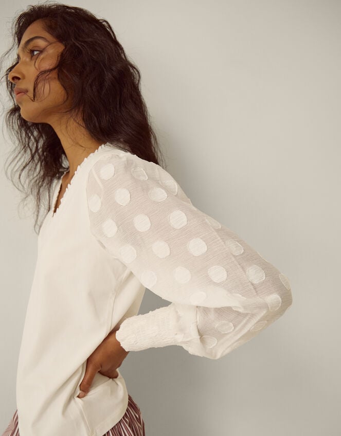 Ferne V-Neck Polka Dot Top, Ivory (IVORY), large