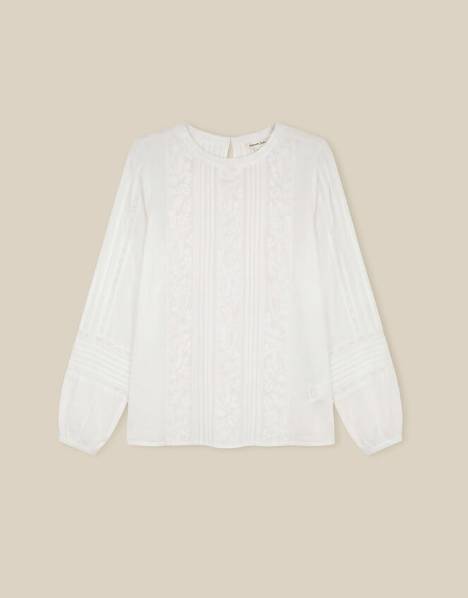Vita Floral Embroidered Pintuck Top, White (WHITE), large