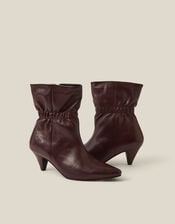 Fia Ruched Leather Kitten Heel Boots, Red (BURGUNDY), large