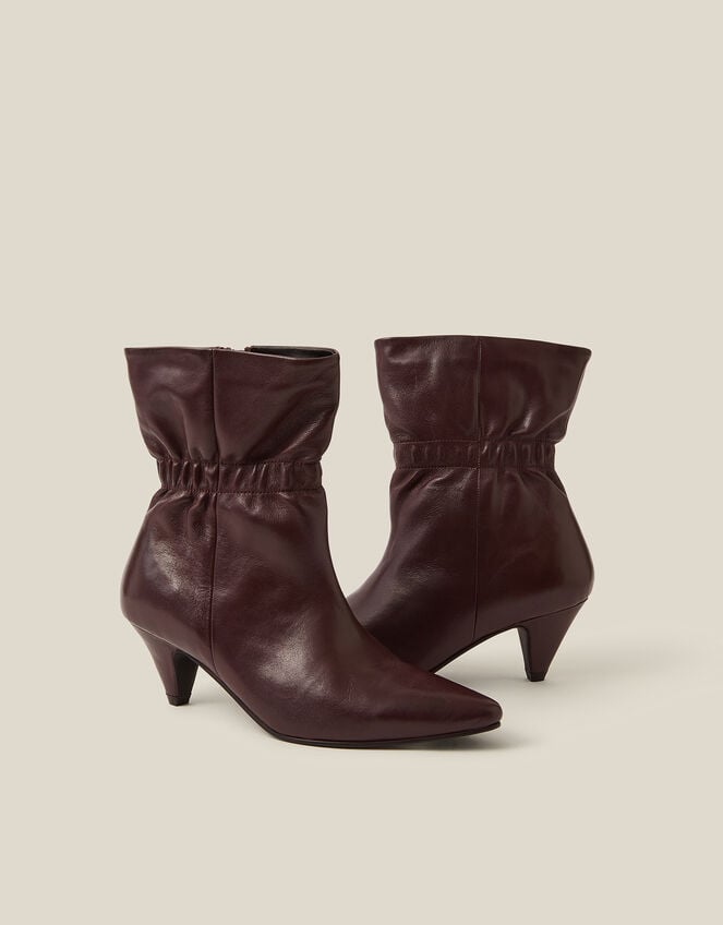 Fia Ruched Leather Kitten Heel Boots, Red (BURGUNDY), large