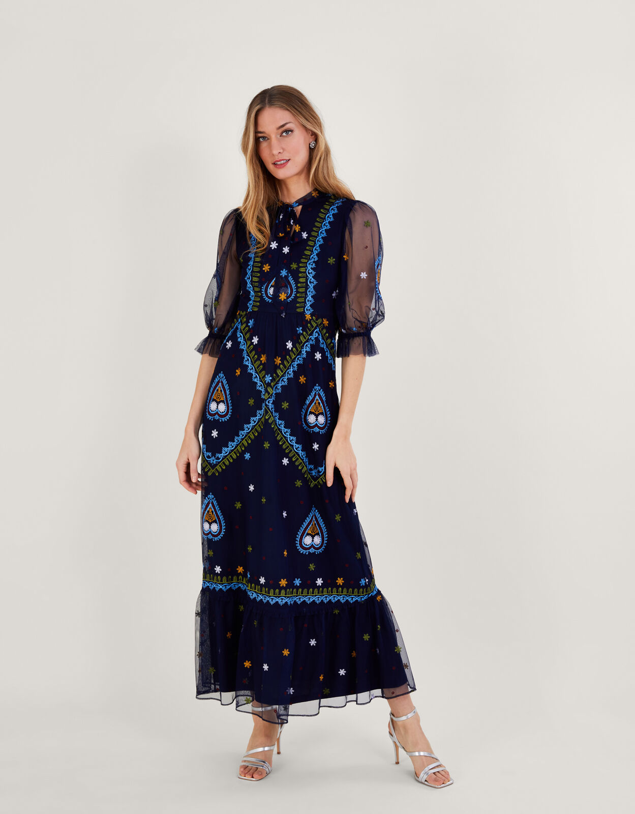 Tracey Embroidered Maxi Dress in Recycled Polyester Blue Evening
