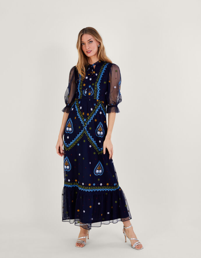 Shaye Embroidery Insert Maxi Dress Blue