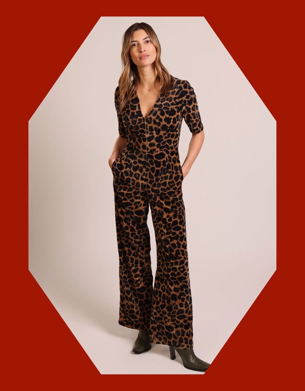 Traffic People Clan Leopard Print Jumpsuit, Black (BLACK), large