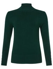 Roll Neck Button Cuffs Knit Jumper, Green (DARK GREEN), large