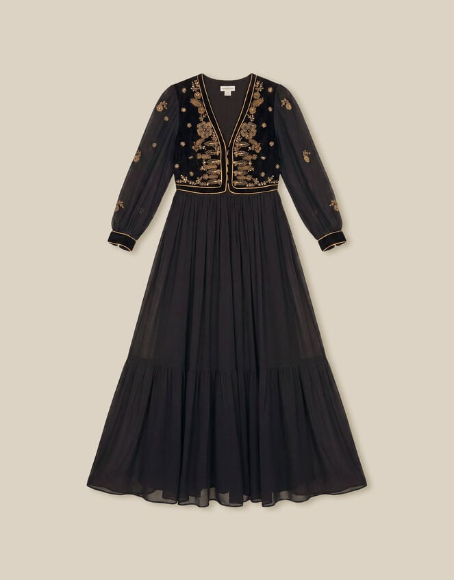 Ella Floral Embellished Velvet Maxi Dress, Black (BLACK), large