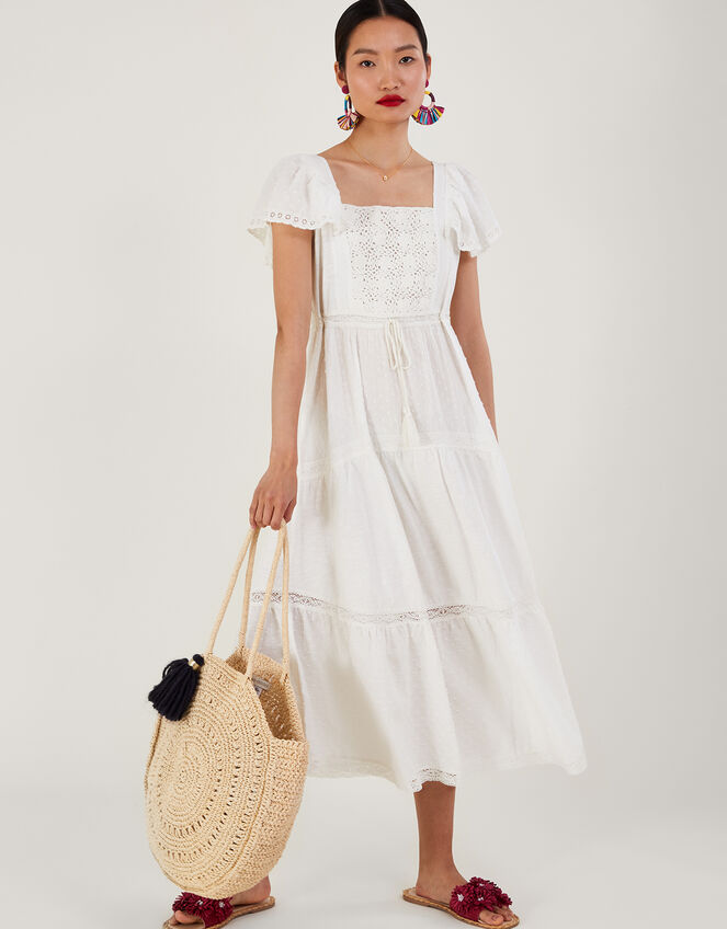 Woven Mixed Fabric Midi Dress, White (WHITE), large