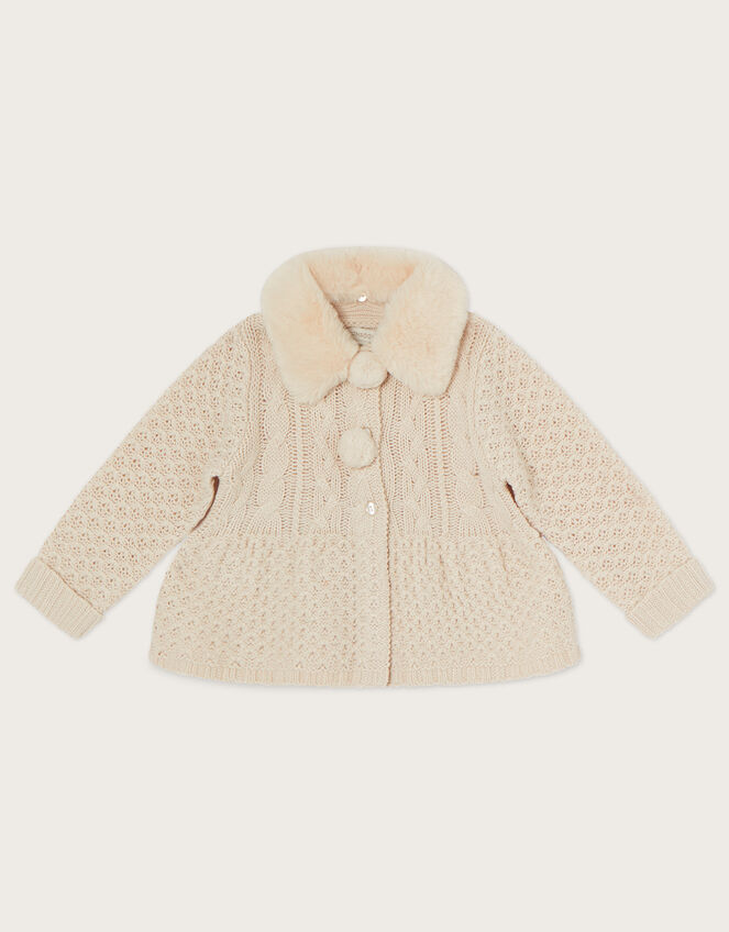 Baby Cable Knit Cardigan with Faux Fur Collar, Camel (OATMEAL), large