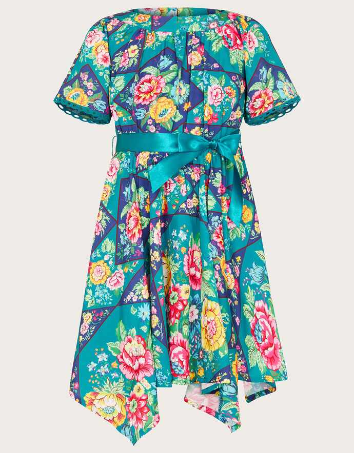 Patchwork Print Hanky Hem Dress Teal | Girls' Dresses | Monsoon UK.