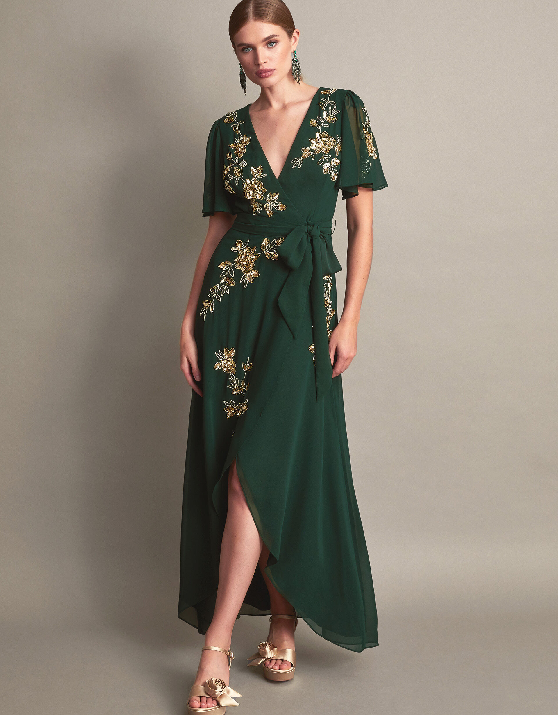 Sarah Embellished Wrap Dress Green Evening Dresses Monsoon UK
