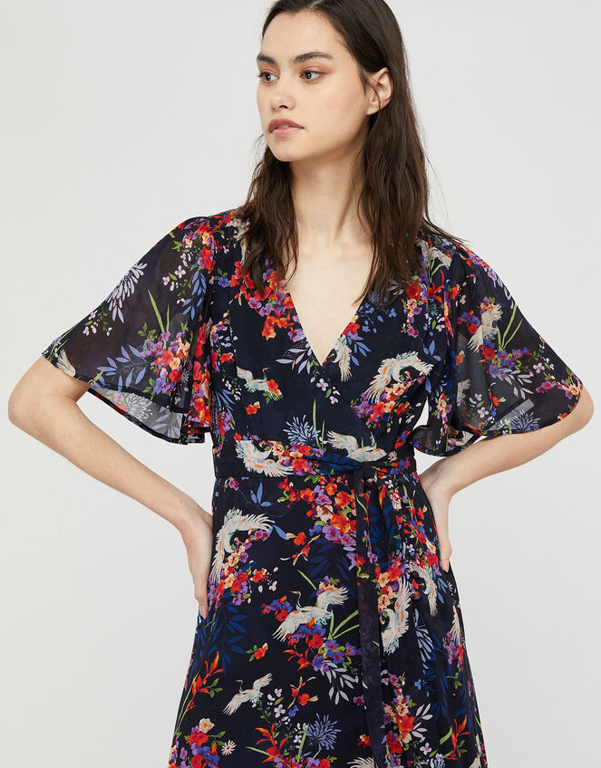 Oaklyn Bird and Floral Tea Dress, Blue (NAVY), large