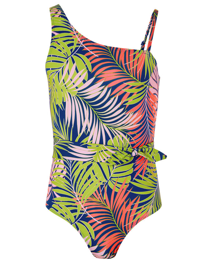 Palm Printed Belted Swimsuit, Blue (BLUE), large