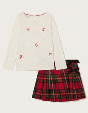 Long Sleeve Bow Top and Tartan Skirt Set, Red (RED), large