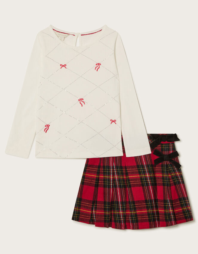 Long Sleeve Bow Top and Tartan Skirt Set, Red (RED), large