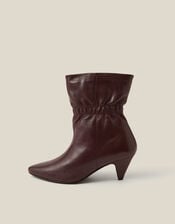 Fia Ruched Leather Kitten Heel Boots, Red (BURGUNDY), large