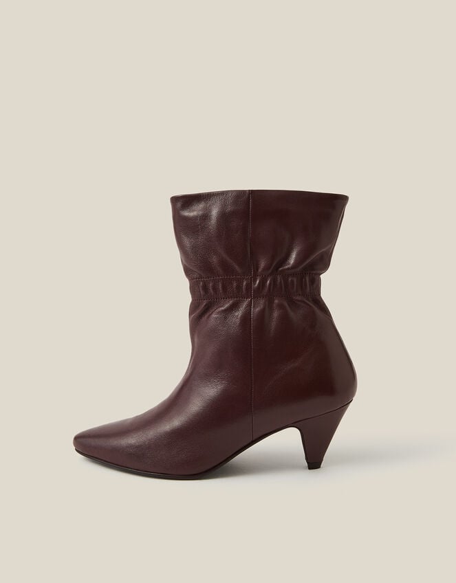 Fia Ruched Leather Kitten Heel Boots, Red (BURGUNDY), large