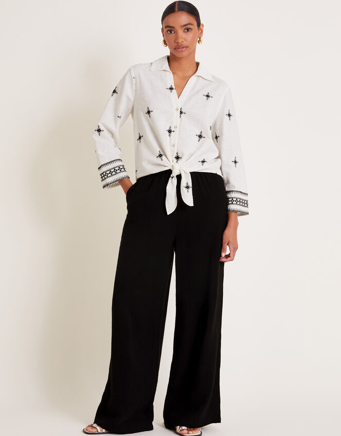 Eleanor Embroidered Tie Shirt, Ivory (IVORY), large