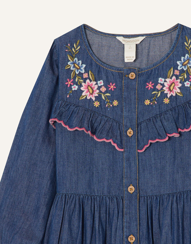 Embroidered Chambray Dress, Blue (BLUE), large