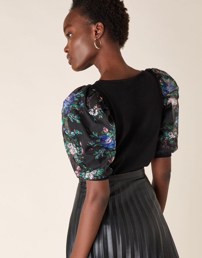 Floral Organza Sleeve Top with Recycled Fabric, Black (BLACK), large