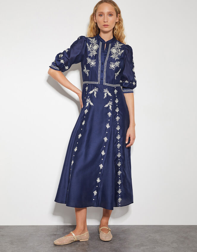Cloudy Day Embroidered + Beaded Midi Dress
