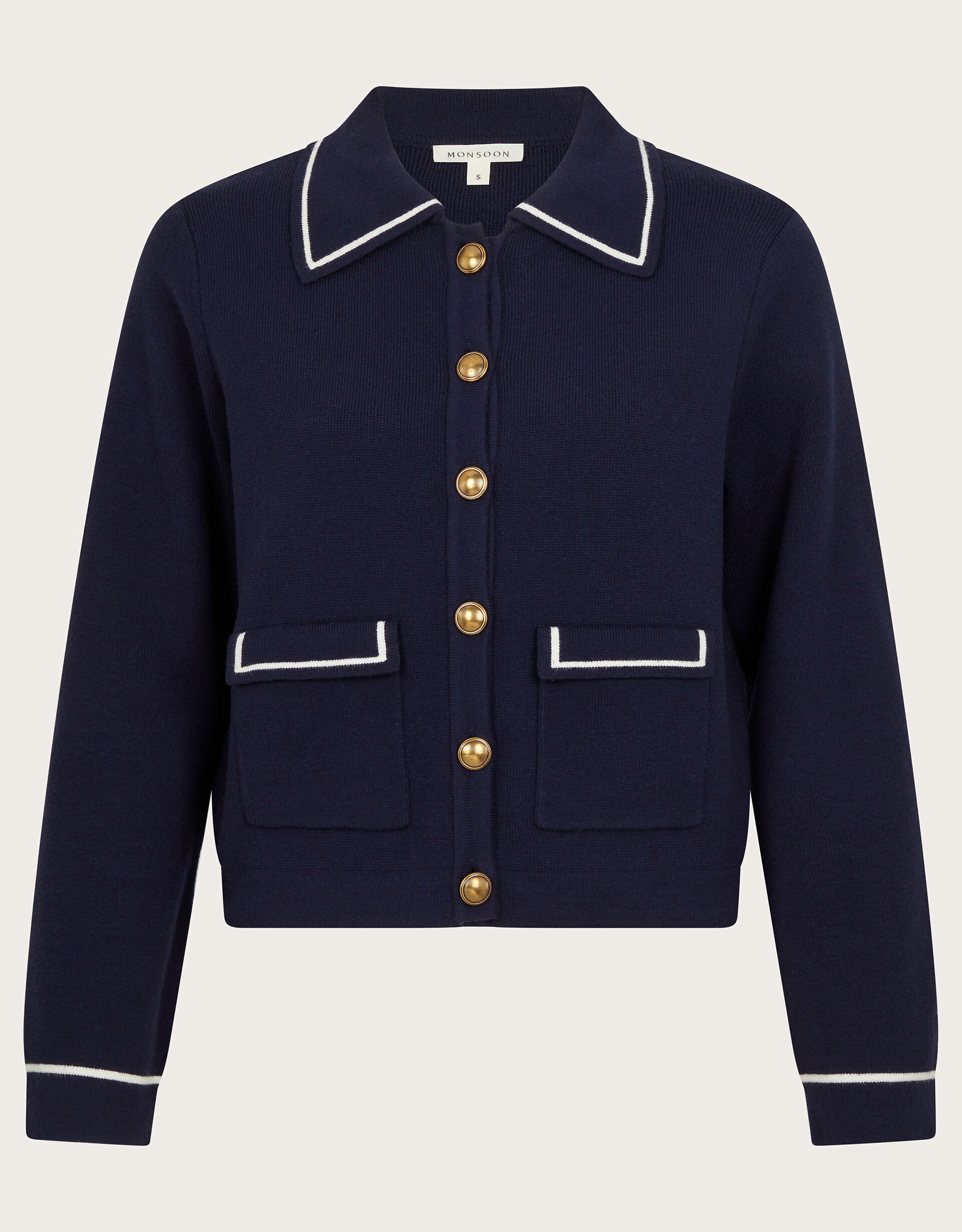 big ribbon collar knit navy×ice blue Nicki Collar Knit Jacket Blue