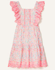 Ditsy Neon Embroidered Midi Dress, Blue (AQUA), large