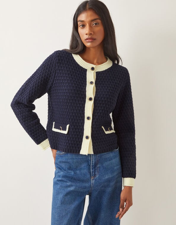 Nancy Smart Waffle Knit Cardigan, Blue (NAVY), large