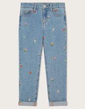 Floral Embroidered Straight Jeans, Blue (BLUE), large