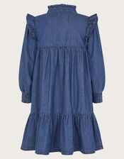 Long Sleeve Ruffle Heart Denim Dress, Blue (BLUE), large