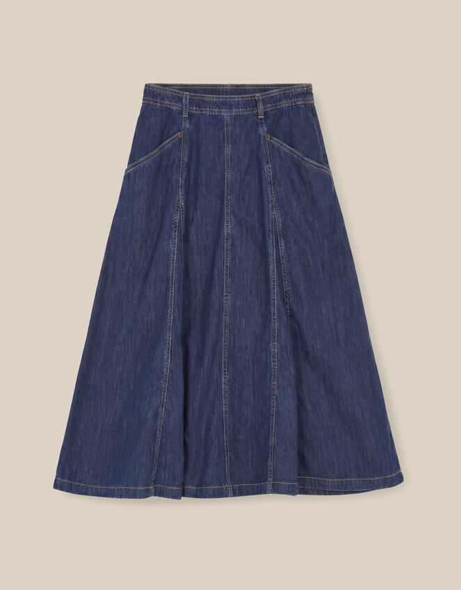 Harper Godet Denim Midi Skirt , Blue (INDIGO), large