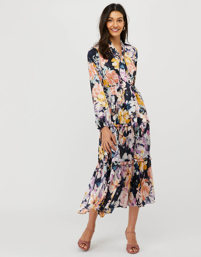 Marie Sustainable Floral Satin Midi Dress, Blue (BLUE), large