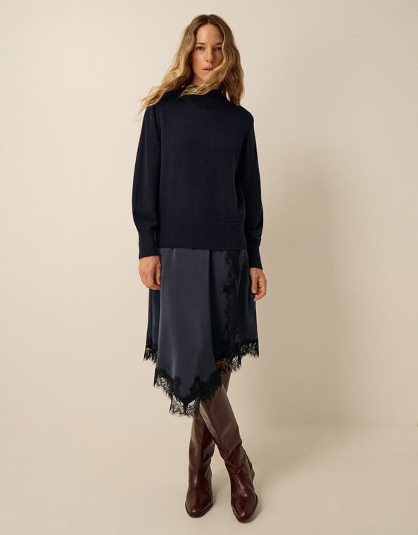 Suzy Knitted Lace Satin Midi Dress, Blue (NAVY), large