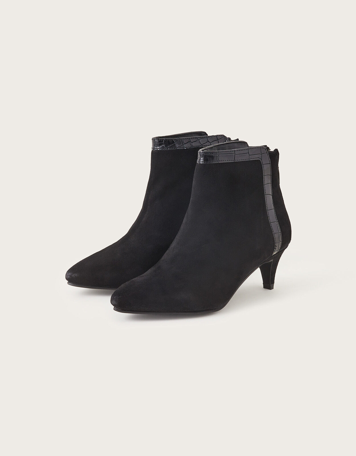 Leather Zip Back Kitten Heel Boots Black