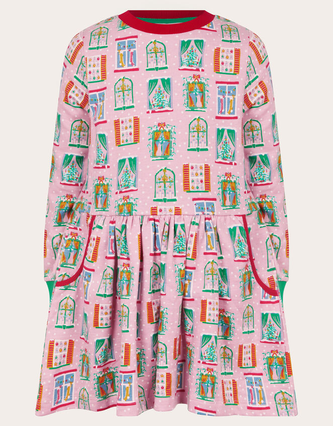 Christmas Window Print Sweatshirt Dress, Pink (PINK), large