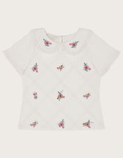 Floral Embroidered Collar T-Shirt, Ivory (IVORY), large
